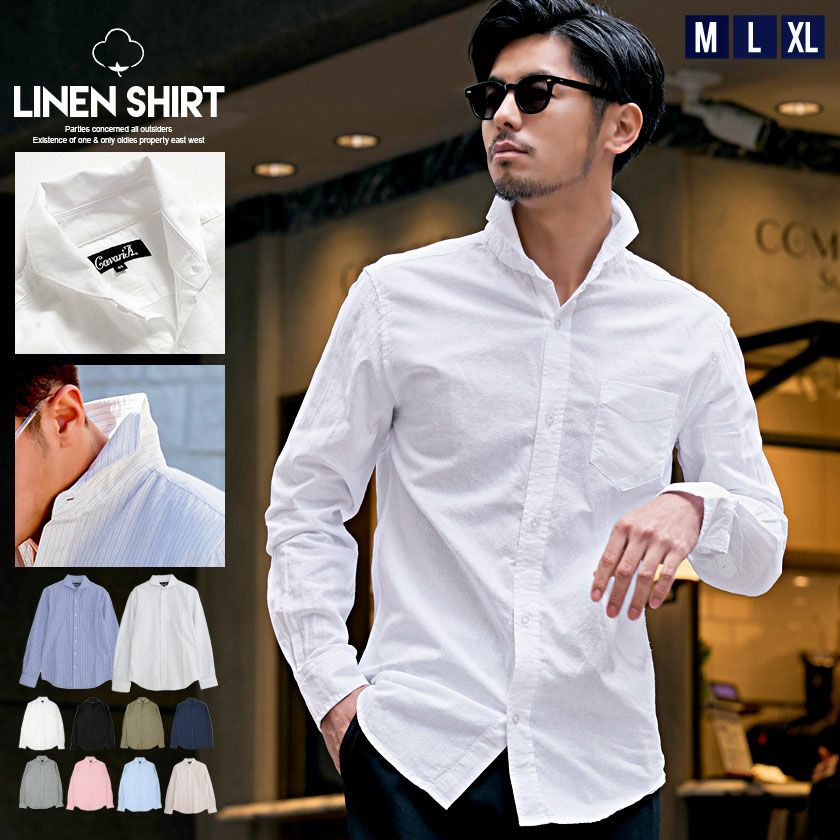 CavariA(キャバリア)ホリゾンタルカラー綿麻長袖シャツ/全11色