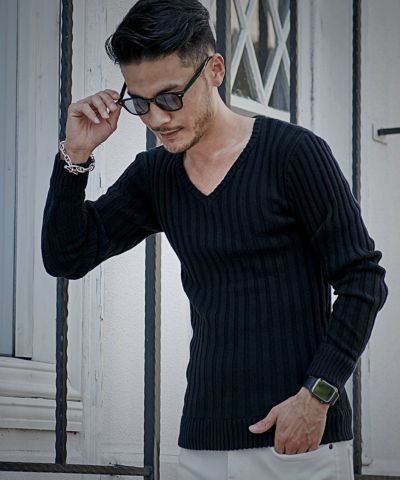 CavariA(キャバリア)リブ編みVネック長袖コットンニットソー/全3色
