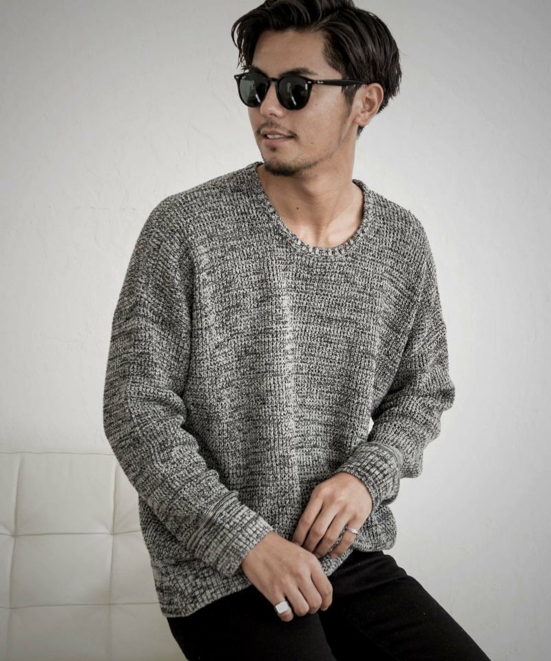 CavariA(キャバリア)ラーベン編みビッグシルエットクルーネック長袖コットンニットソー/全10色