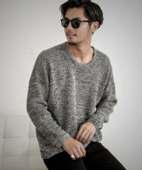 CavariA(キャバリア)ラーベン編みビッグシルエットクルーネック長袖コットンニットソー/全10色