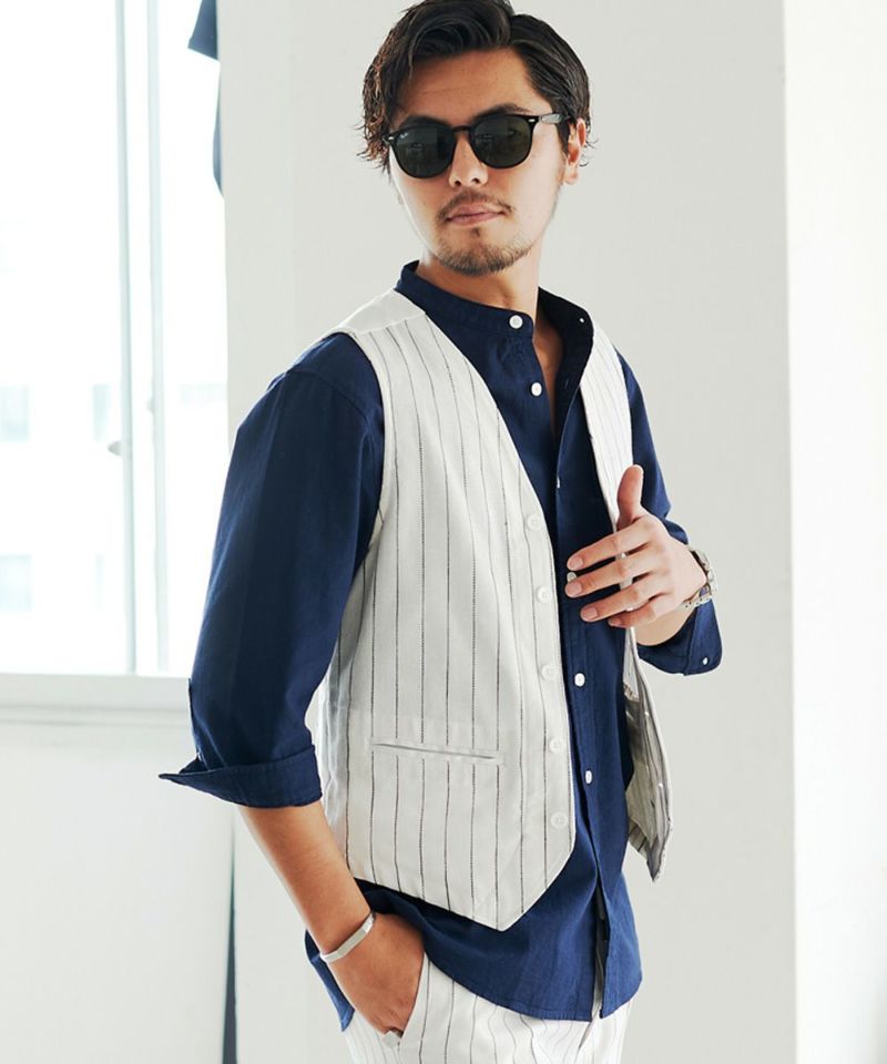 CavariA(キャバリア)綿麻ストライプ柄ボタンベスト/全3色