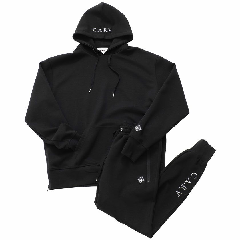 C.V.R.A(シーブイアールエー)ロゴ刺繍入りサイドジッププルパーカー×パンツセットアップ/全2色