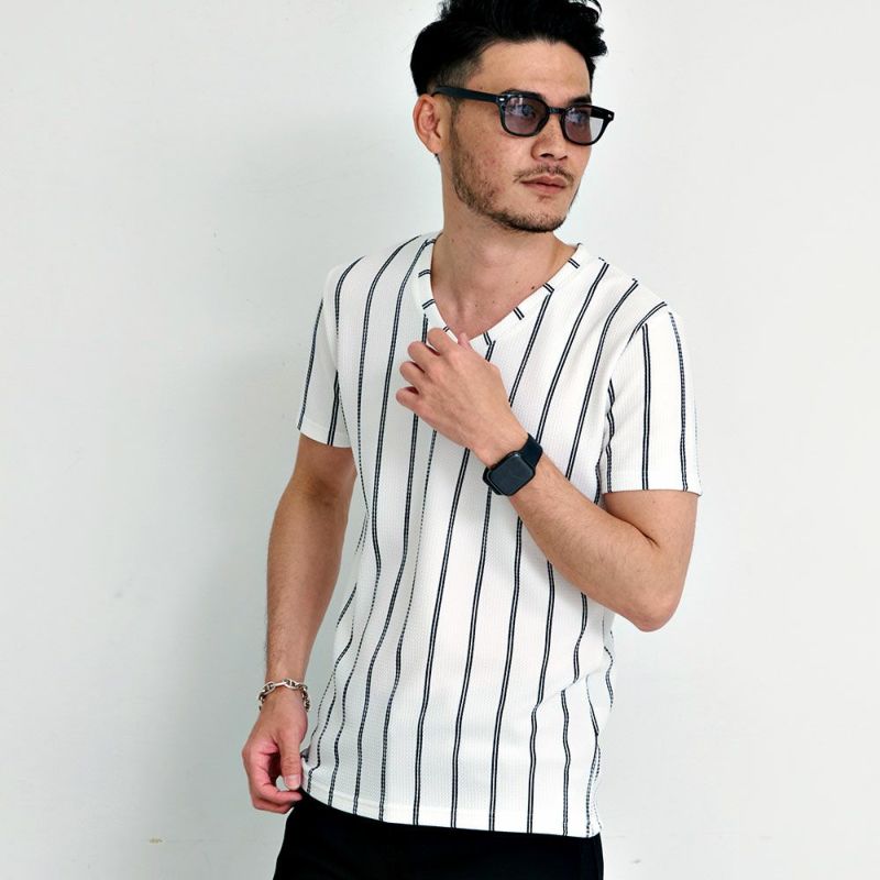 CavariA(キャバリア)ストライプ柄Vネック半袖Tシャツ/全3色