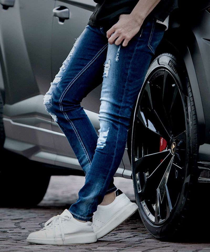 CavariA(キャバリア)ダメージ加工ストレッチスキニーデニムパンツ／全2色