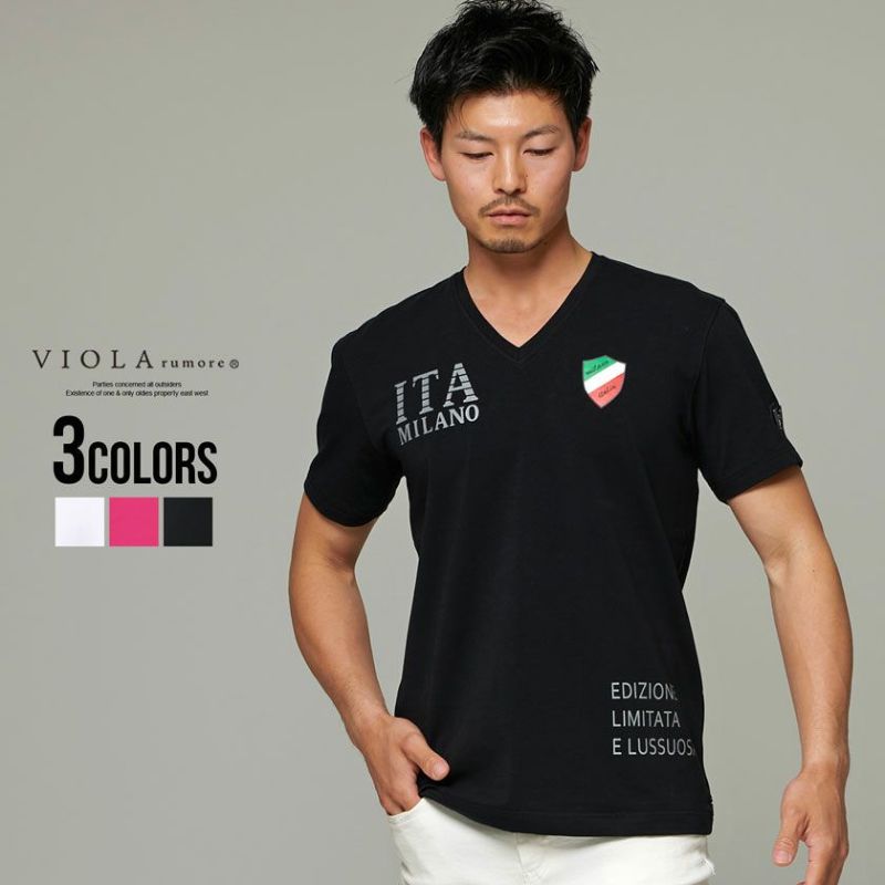 VIOLA(ヴィオラ)メタリックプリントVネック半袖ストレッチTシャツ/全3色