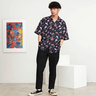 【長袖シャツ　アート　総柄　オープンカラー　　カーキ　パープル　オレンジ】 楽天市場】総柄オープンカラーシャツ/セットアップ可能