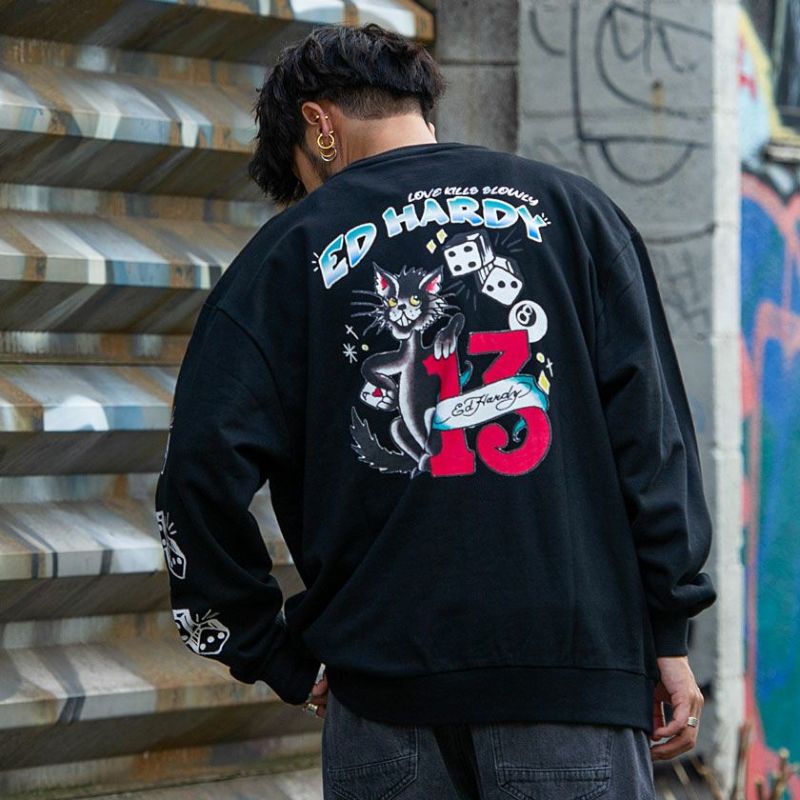 EdHardy エドハーディー 総柄 長袖 スウェット ブラック - スウェット