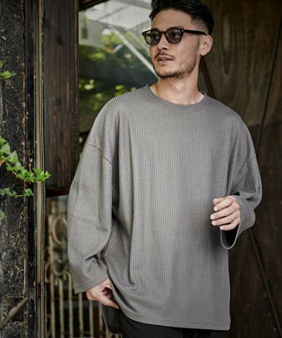  CavariA(キャバリア)ワッフル調ビッグシルエット長袖Tシャツ/全4色