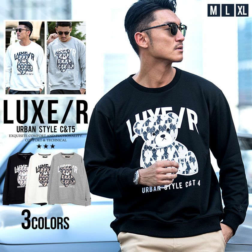 LUXE／R(ラグジュ)クルーネック ジャガードプリント貼り付けベアトレーナー 長袖Tシャツ/全3色