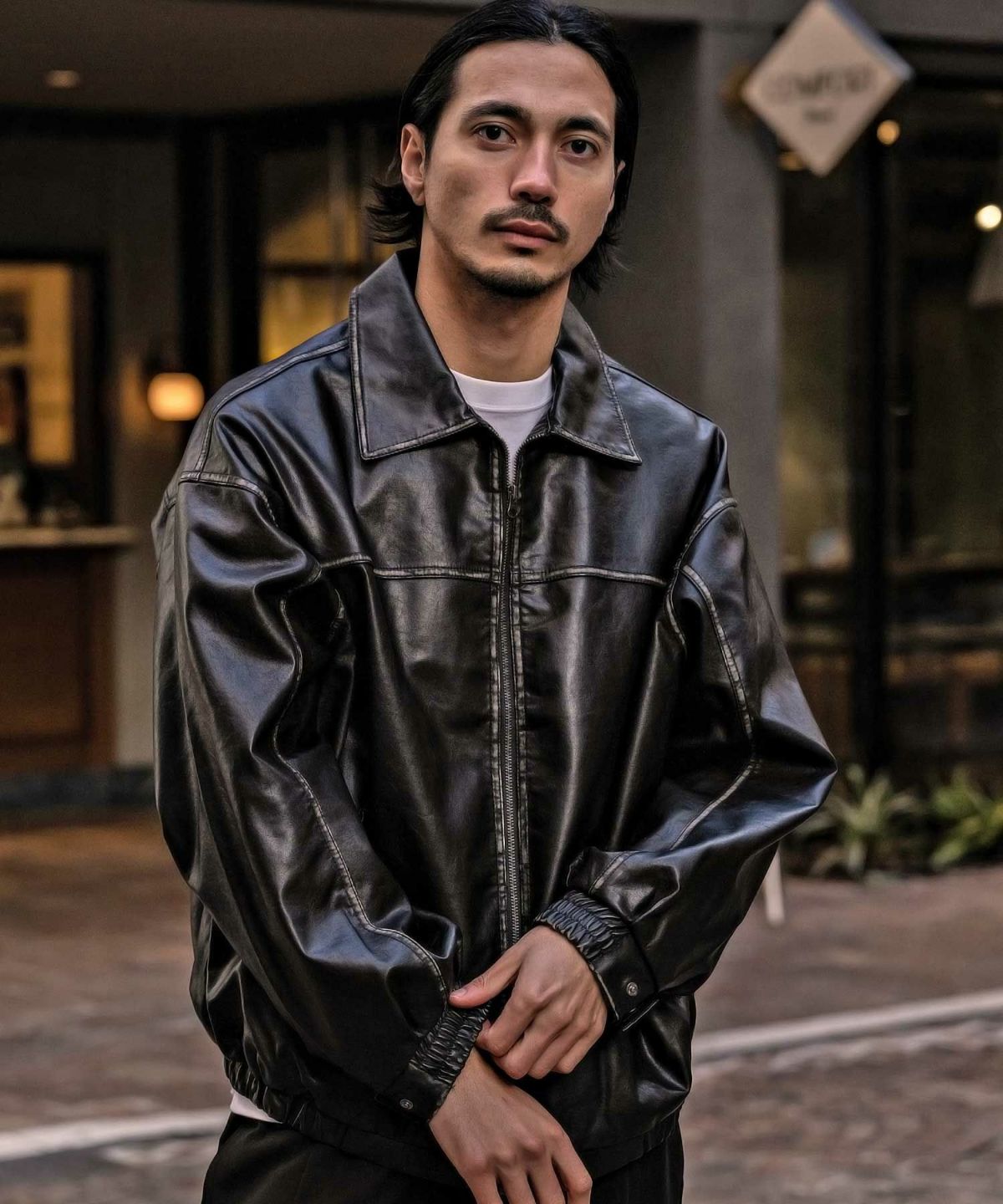 CavariA(キャバリア)ヴィンテージ加工PU長袖ブルゾン/全1色