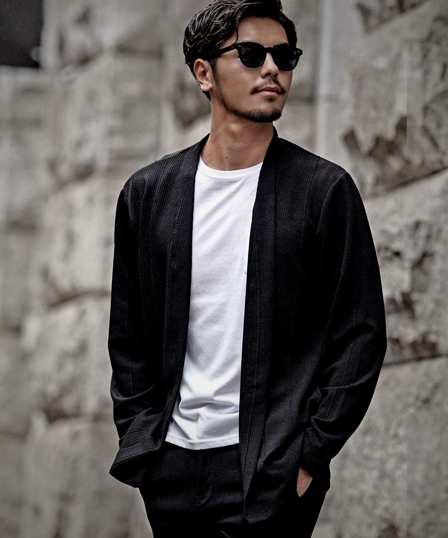 CavariA(キャバリア)ちぢれストライプノーカラー長袖カーディガン/全2色