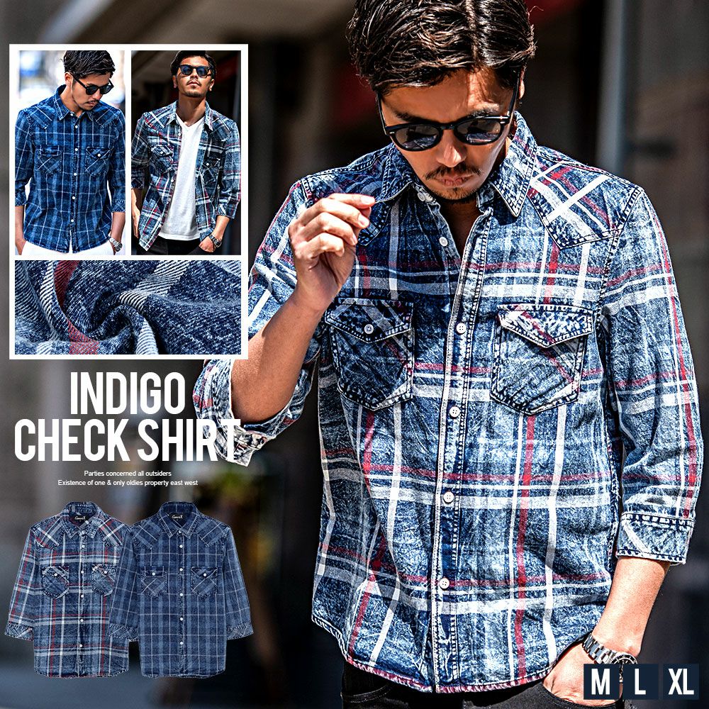 CavariA(キャバリア)インディゴチェック7分袖シャツ/全2色