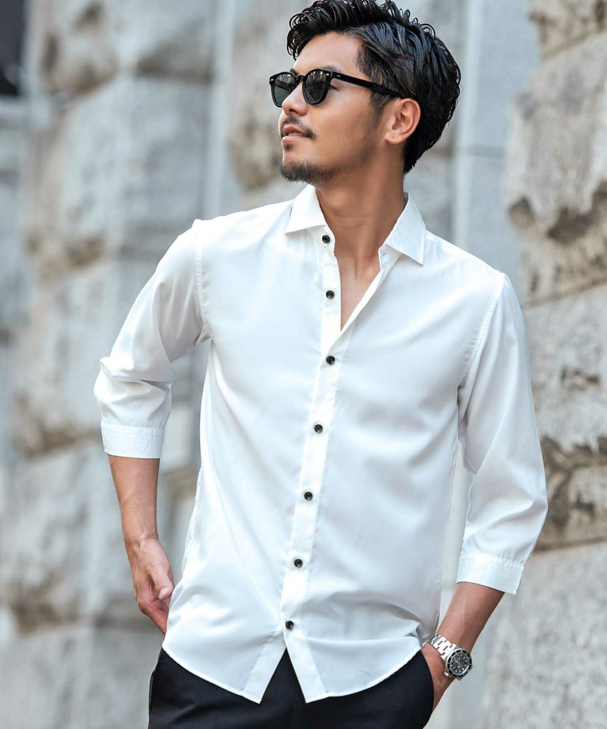 CavariA(キャバリア)接触冷感リサイクルポリエステルホリゾンタルカラー7分シャツ/全3色