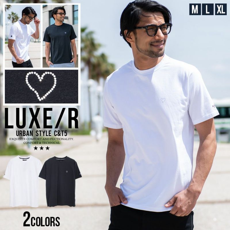 LUXE／R(ラグジュ)クルーネック ハートラインストーンワンポイントTEE 半袖/全2色