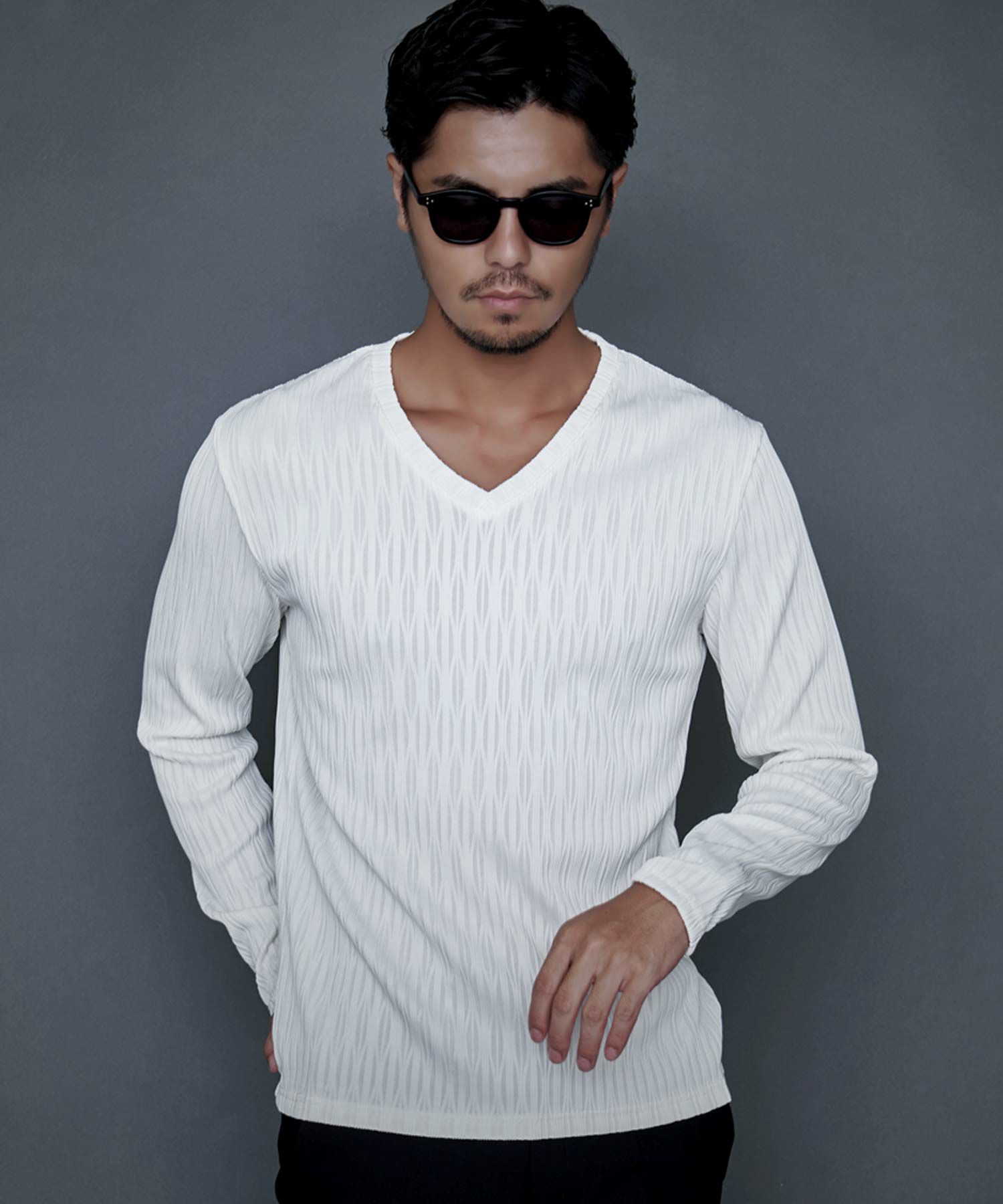 CavariA(キャバリア)ふくれウェーブ柄長袖VネックTEE/全3色