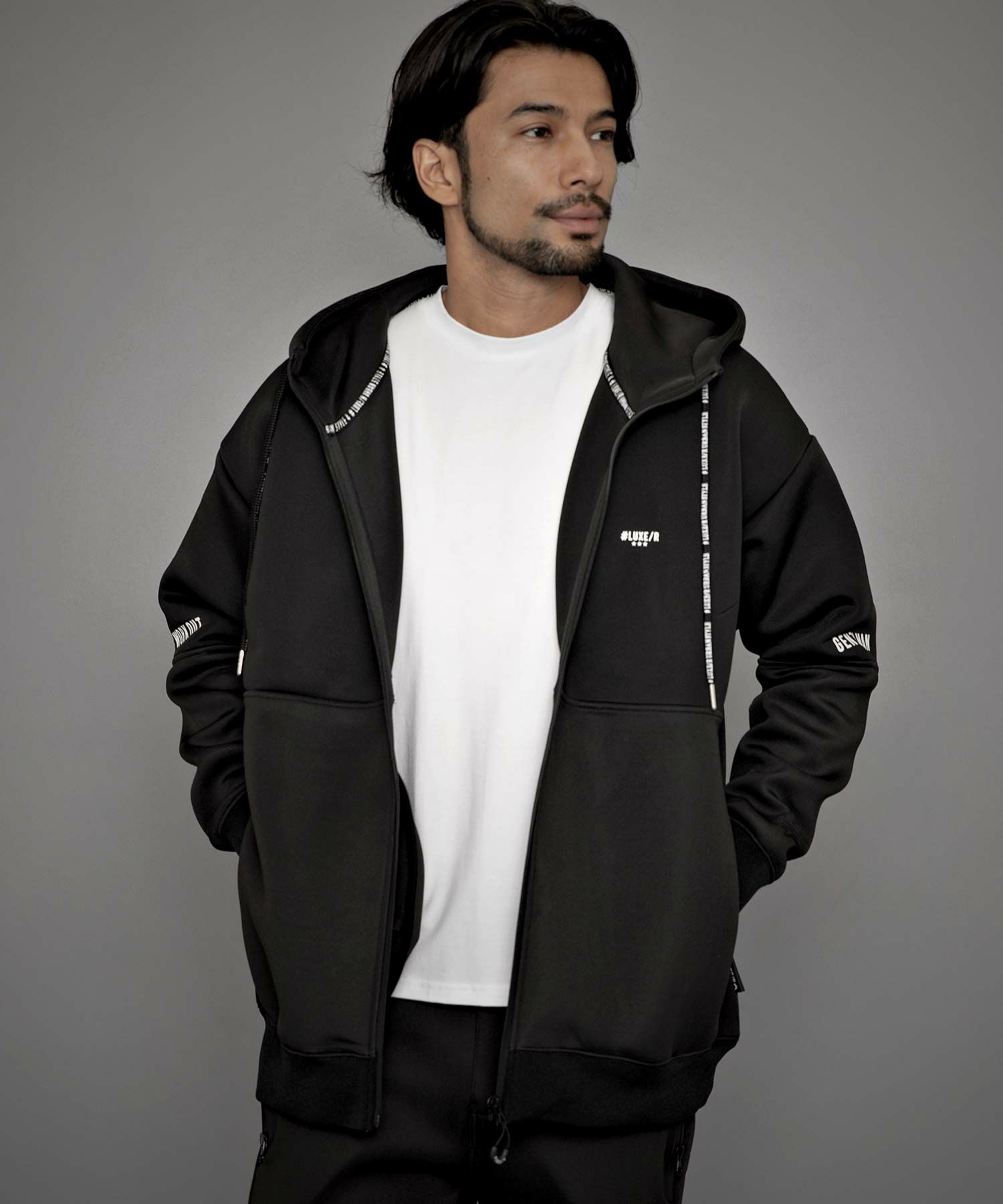 LUXE／R(ラグジュ)スポンジボンディング切り替えZIPパーカー 長袖/全3色