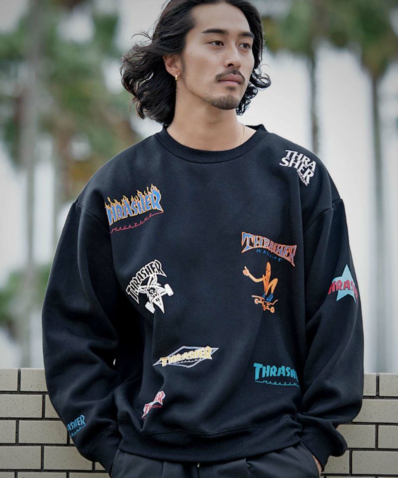  THRASHER(スラッシャー)総柄プリント＆刺繍C/N長袖/全4色