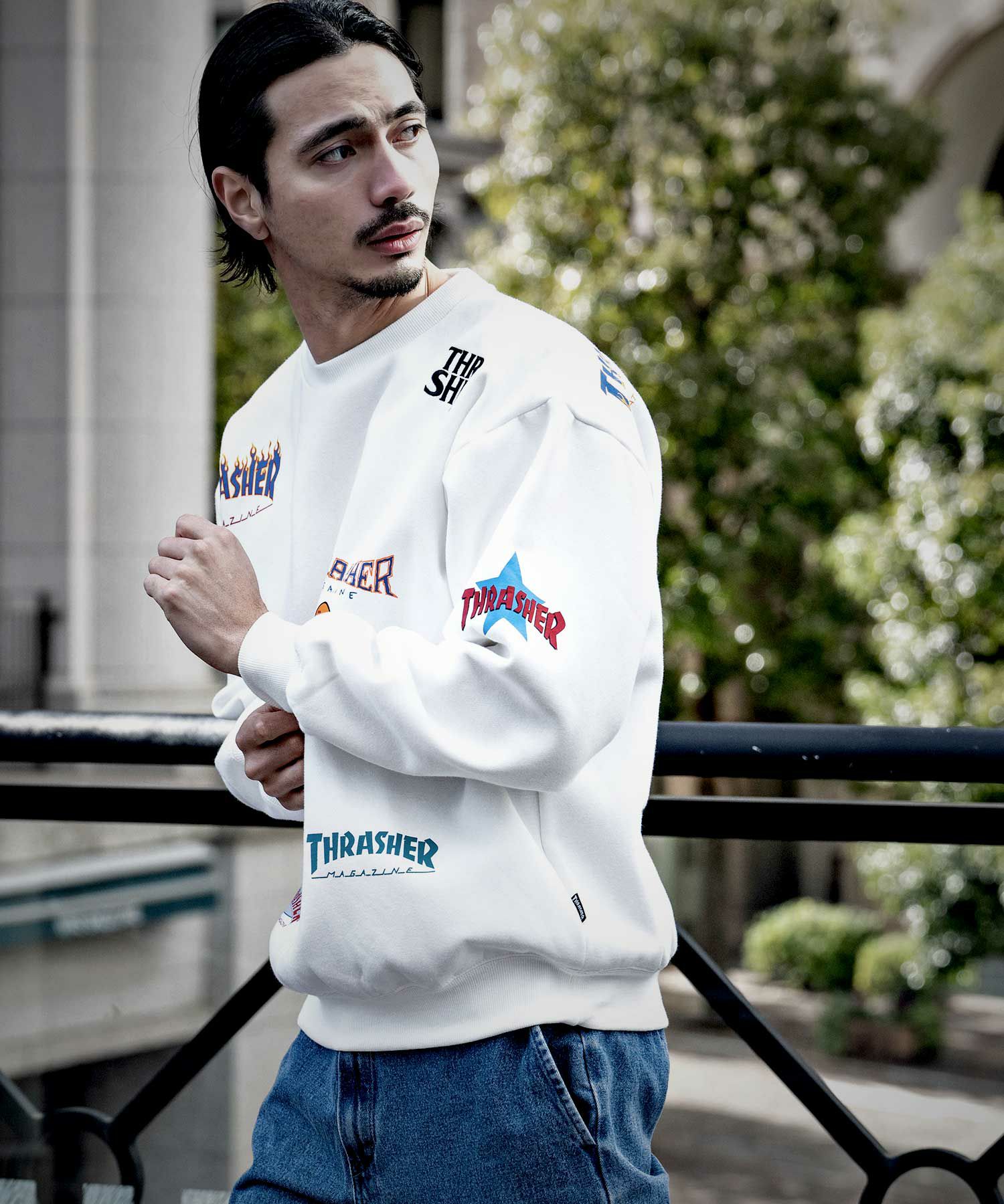  THRASHER(スラッシャー)総柄プリント＆刺繍C/N長袖/全4色