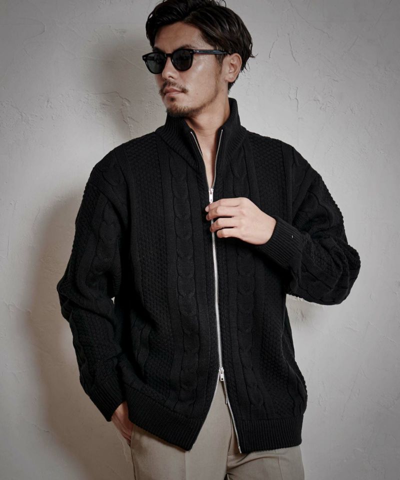 CavariA(キャバリア)アラン柄W ZIP HI 長袖ニットJKT/全3色