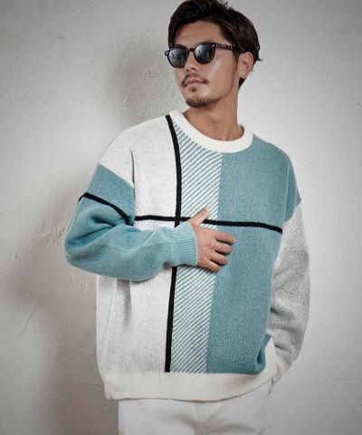  CavariA(キャバリア)クロスチェック柄オーバーサイズクルー長袖ニット/全3色
