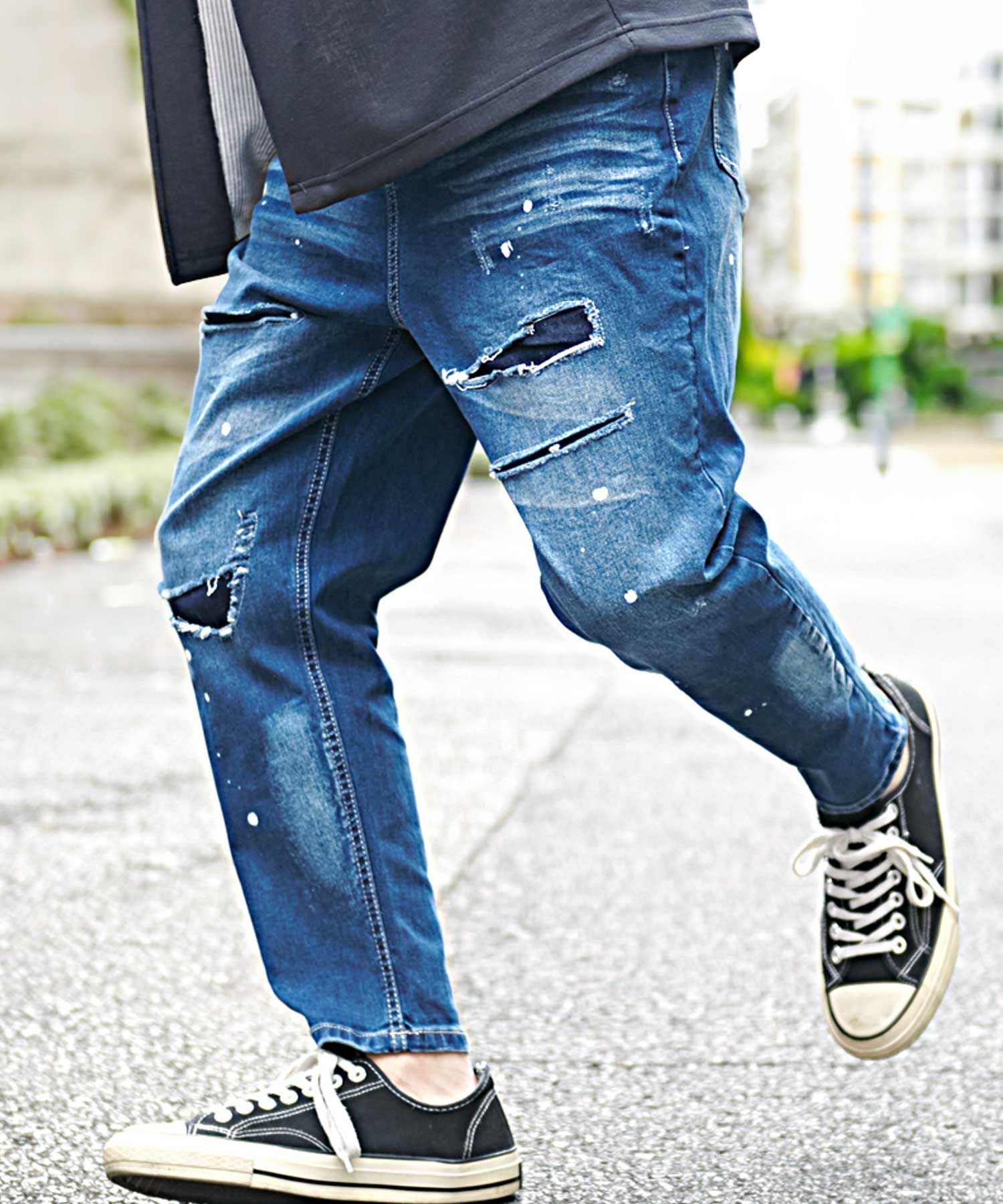 CavariA(キャバリア)ワイドテーパードリペアデニムパンツ/全2色