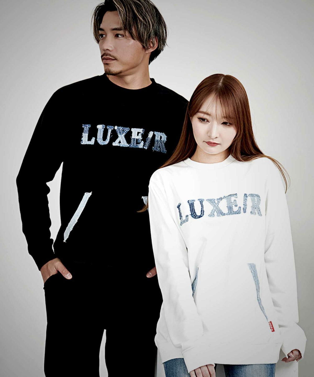 LUXE／R(ラグジュ)クルーネック デニムロゴ貼り付け長袖トレーナー/全2色