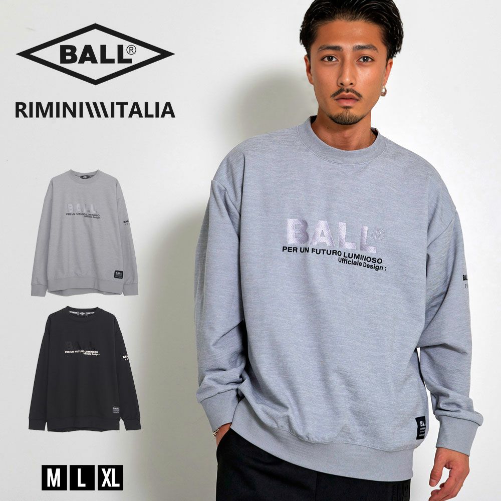 BALL(ボール)クルーネック ストレッチダンボール刺繍プリント長袖トレーナー/全2色
