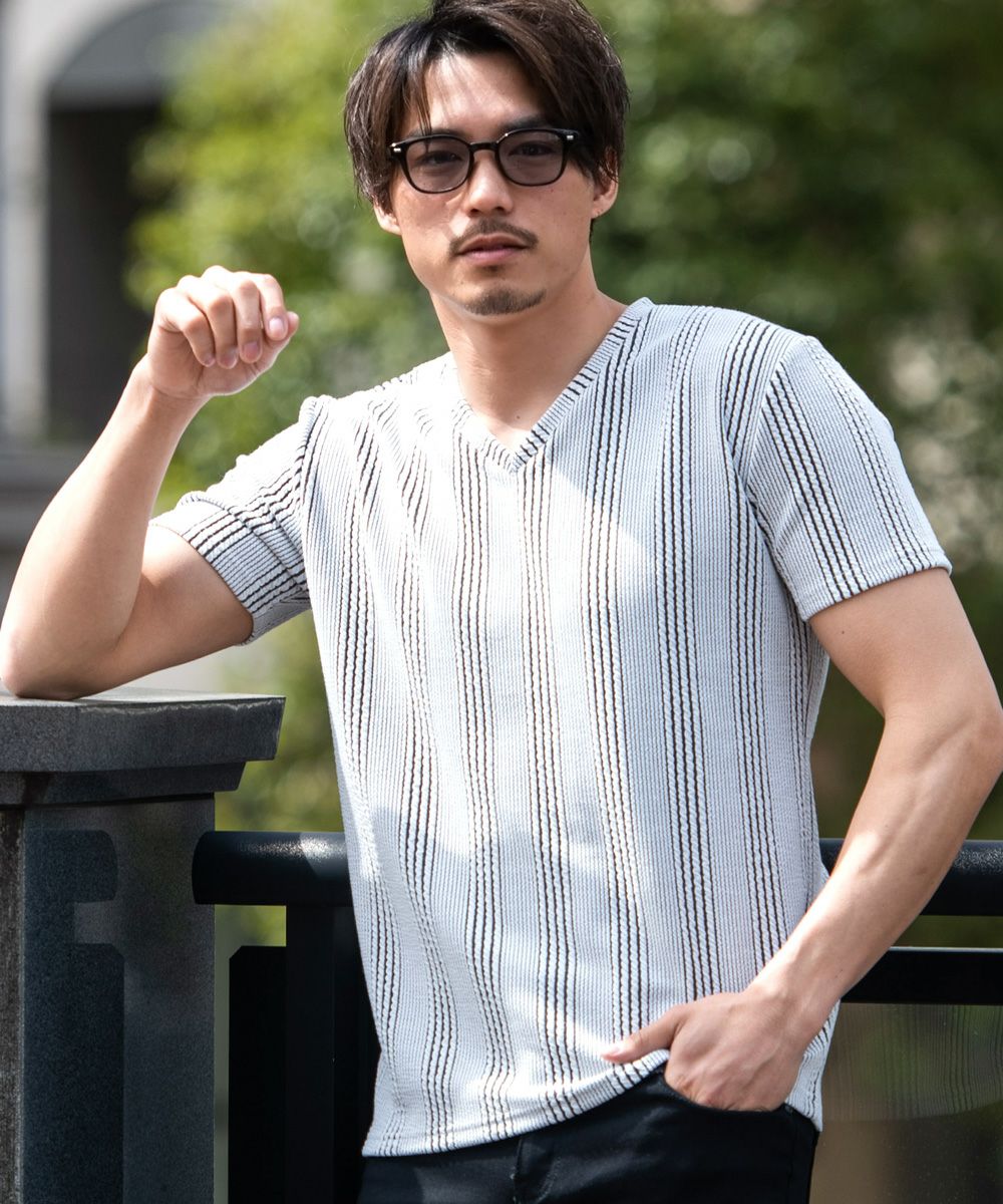 CavariA(キャバリア)ふくれストライプ柄Vネック半袖Tシャツ/全3色