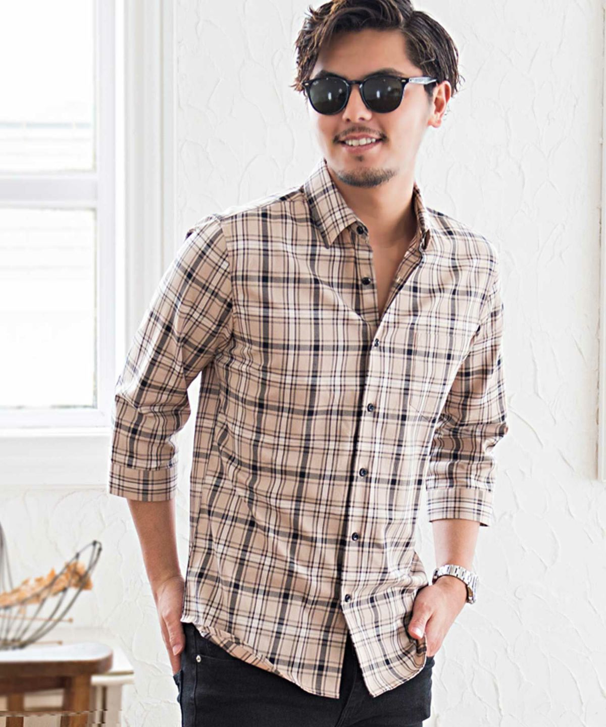 CavariA(キャバリア)チェック柄レギュラーカラー7分袖シャツ/全2色