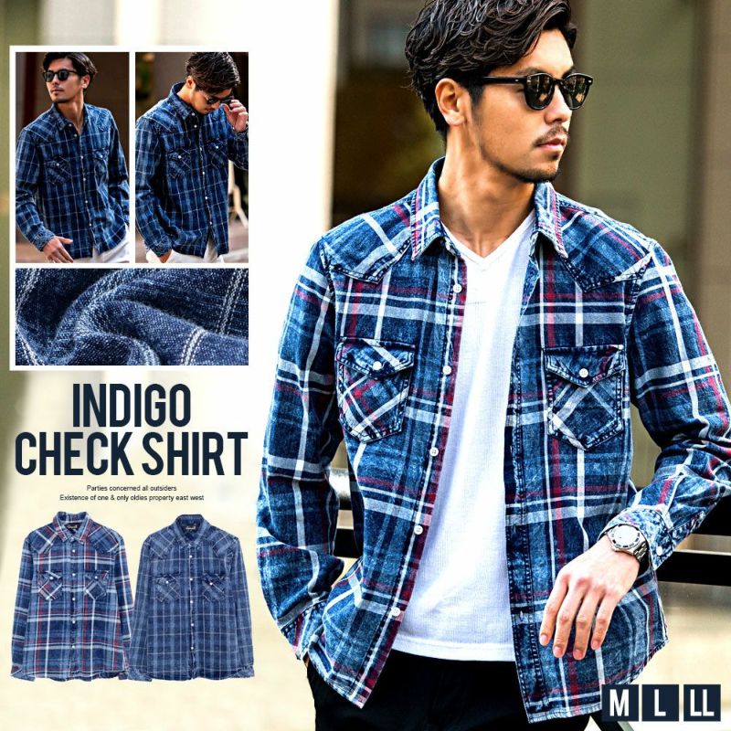  CavariA(キャバリア)インディゴチェックシャツ 長袖 /全2色