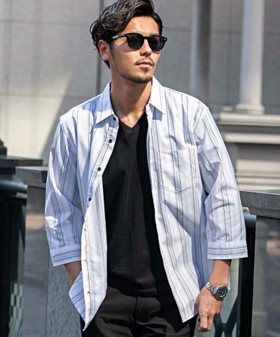  LOUIS CHAVLON(ルイシャブロン)半袖Tシャツ付きドビーストライプ5分袖シャツ/全2色