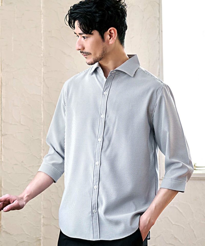CavariA(キャバリア)日本製接触冷感シアサッカーホリゾンタルカラー7分シャツ/全3色