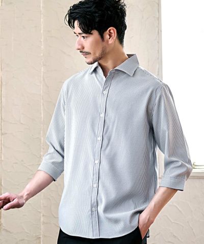 CavariA(キャバリア)日本製接触冷感シアサッカーホリゾンタルカラー7分シャツ/全3色