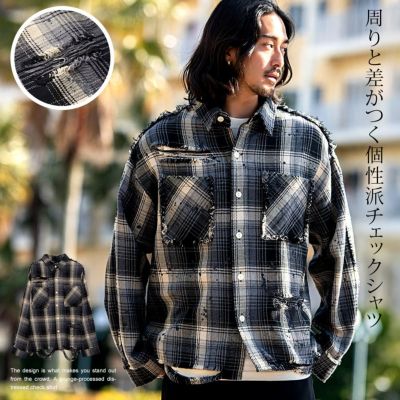 CavariA(キャバリア)グランジ加工ダメージチェック長袖シャツ/全1色