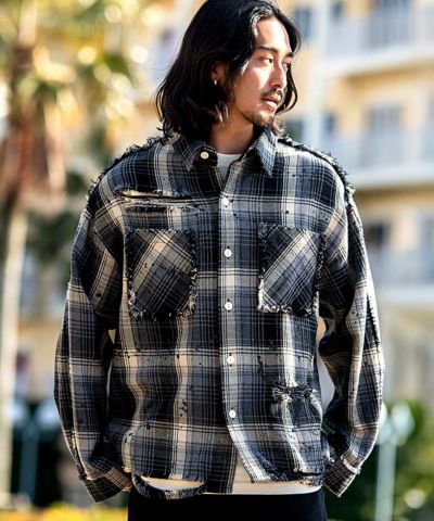 CavariA(キャバリア)グランジ加工ダメージチェック長袖シャツ/全1色