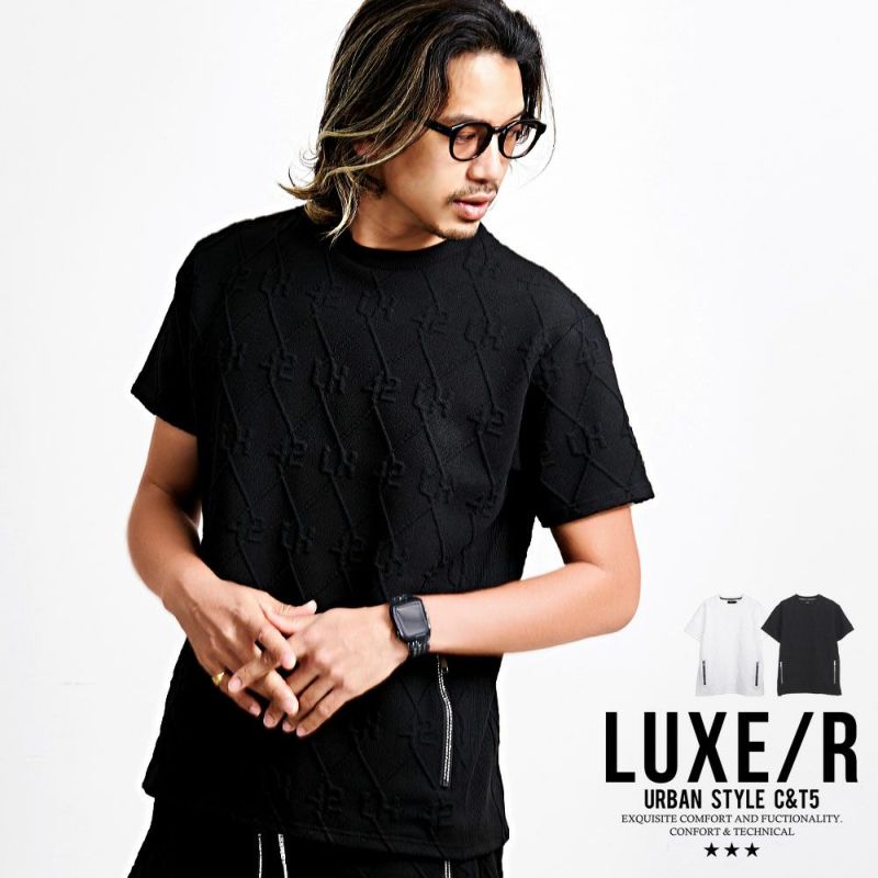 LUXE／R(ラグジュ)ふくれジャガードラインストーンZIPポケット半袖TEE/全2色