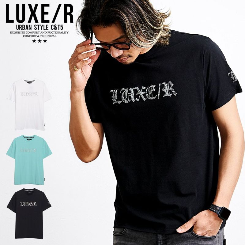 LUXE／R(ラグジュ)クルーネック ラインストーンロゴ半袖Tシャツ/全3色