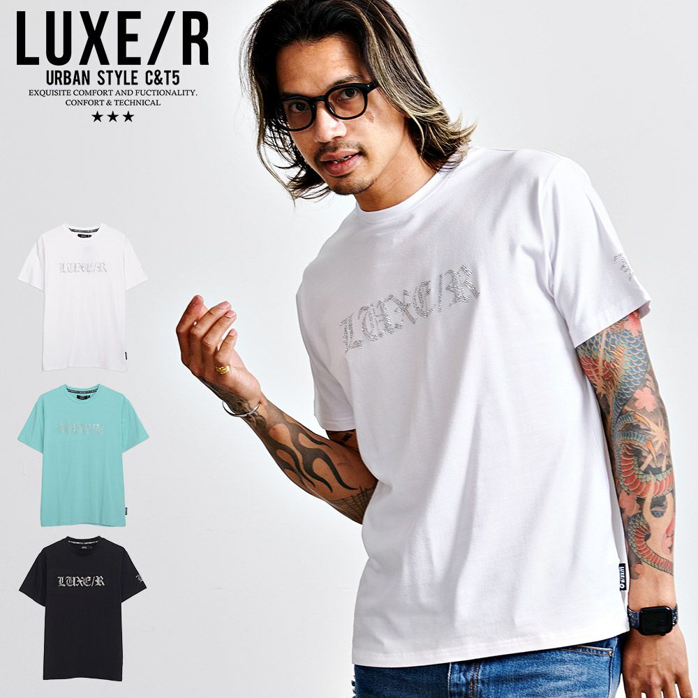 LUXE／R(ラグジュ)クルーネック ラインストーンロゴ半袖Tシャツ/全3色