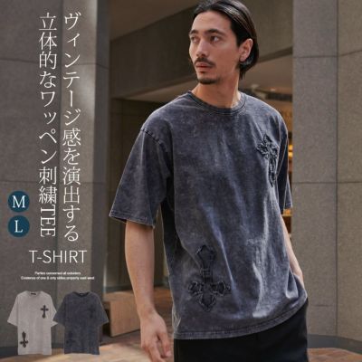 CavariA(キャバリア)クルーネック ブラックデニムワッペンケミカル加工半袖Tシャツ/全2色