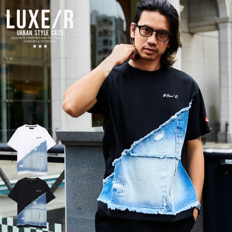 LUXE／R(ラグジュ)クルーネック デニム切り替え半袖Tシャツ/全2色