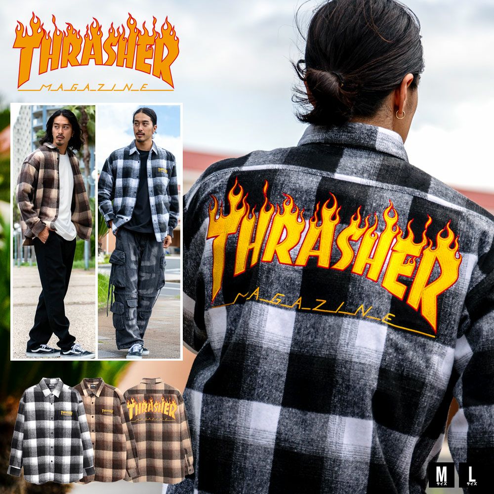  THRASHER(スラッシャー)ネルチェック/バック刺繍ルーズサイズシャツ 長袖/全2色