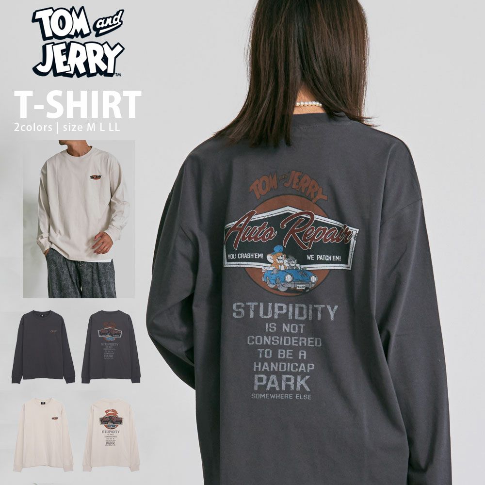 TOM&JERRY(トム&ジェリー)ピグメント風ヴィンテージ加工グラフィック長袖Tシャツ/全2色