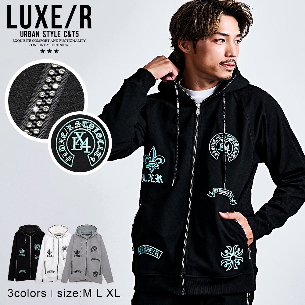 LUXE／R(ラグジュ)ラインストーンジップ刺繍パーカー/全3色