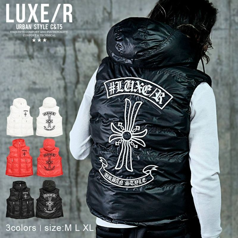 【送料無料】LUXE／R(ラグジュ)クロスデザインコード刺繍フード中綿ベスト/全3色